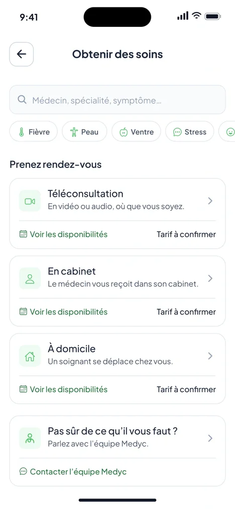 Medyc app screen: choosing between video consultation, partner clinic and home visit