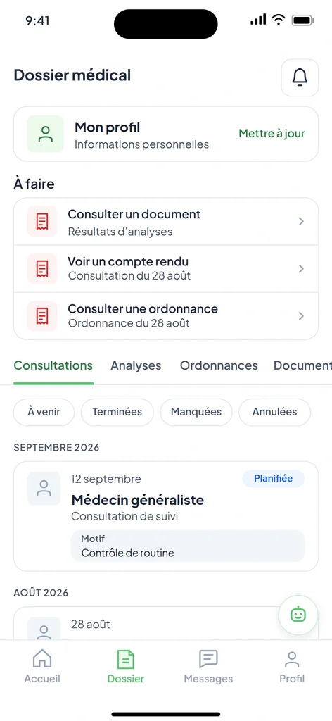 Medyc app screen: medical record with consultations and documents